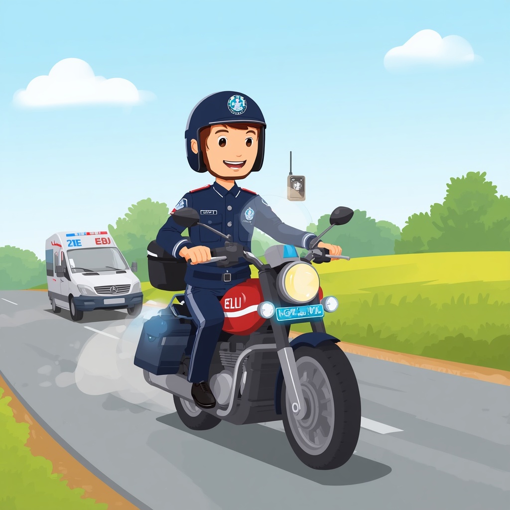 Un gendarme sur sa moto bleue