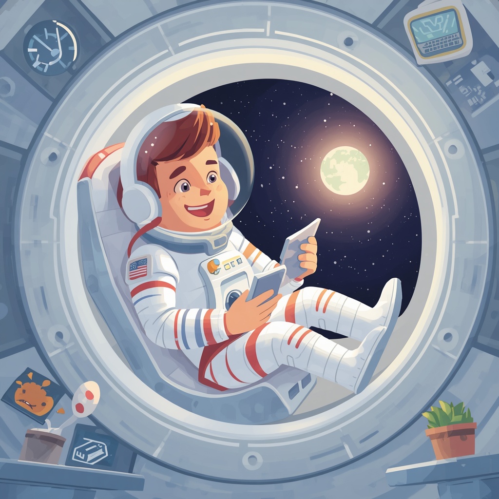 Un astronaute dans un hublot devant les étoiles
